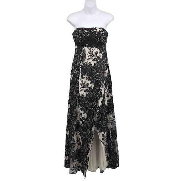 Marchesa Notte Black Floral Lace Strapless Gown 2 Faux Wrap Long Evening Formal